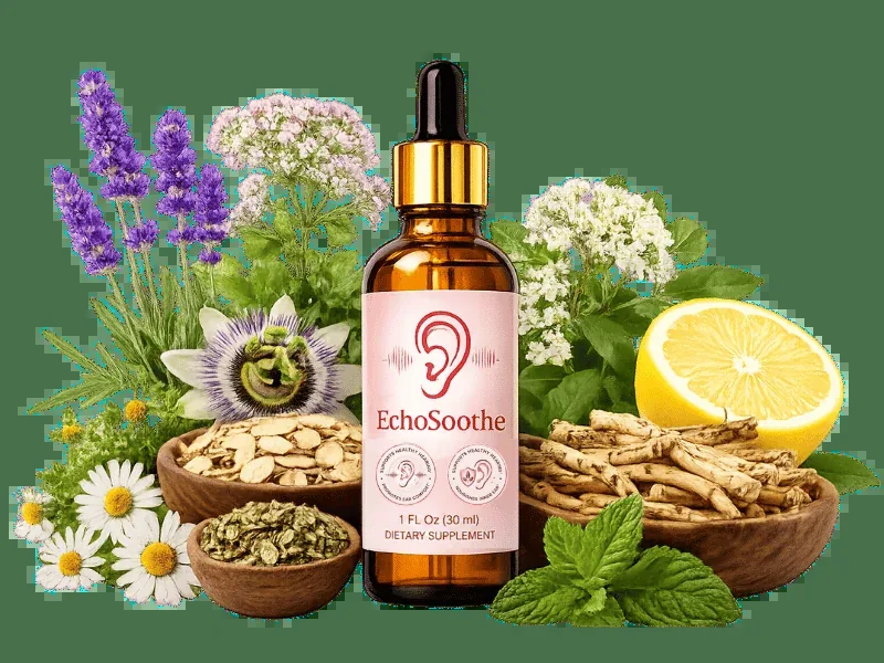 EchoSoothe herbal hearing support drops beside ginseng root, astragalus, chamomile, lemon and mint