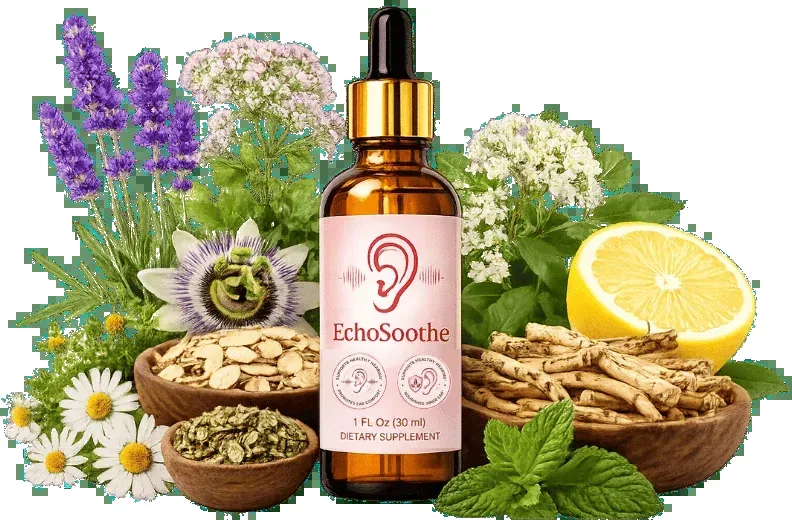 EchoSoothe hearing support dropper bottle surrounded by its herbs: ginseng root, astragalus slices, green tea leaves, chamomile, lemon and mint